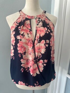 INC International Concepts Navy Halter Camisole with Pink Floral Print